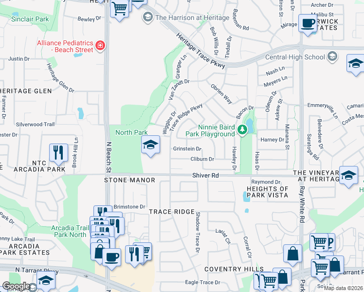 map of restaurants, bars, coffee shops, grocery stores, and more near 4829 Grinstein Drive in Fort Worth