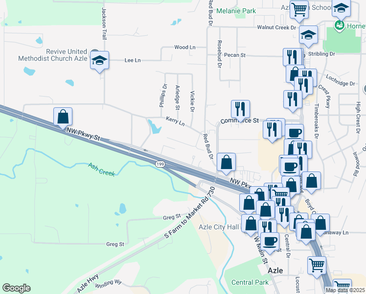 map of restaurants, bars, coffee shops, grocery stores, and more near 625 Sunset Drive in Azle