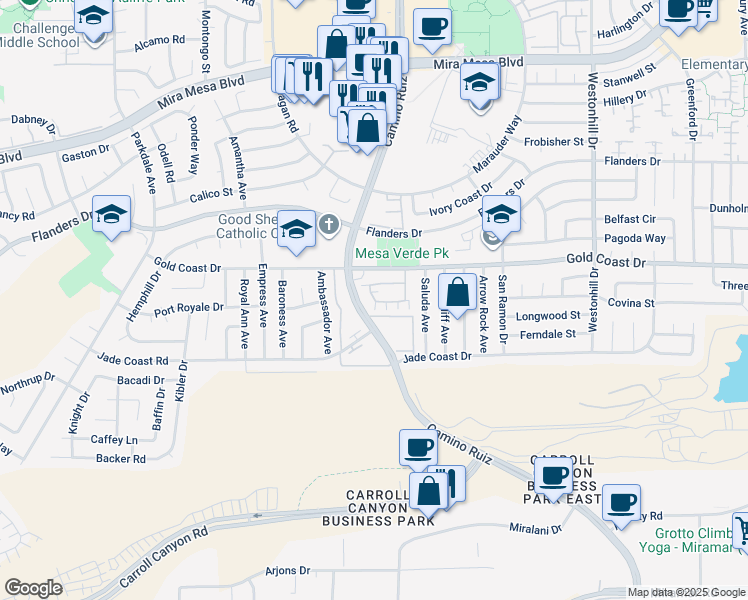 map of restaurants, bars, coffee shops, grocery stores, and more near 8335 Gold Coast Drive in San Diego