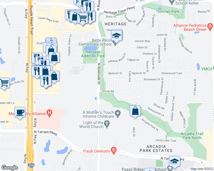 map of restaurants, bars, coffee shops, grocery stores, and more near 9013 Foxwood Drive in Fort Worth
