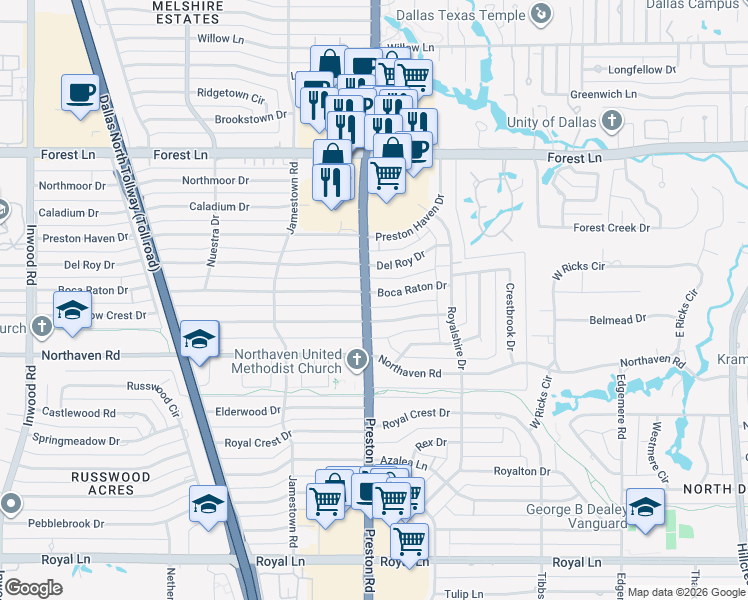 map of restaurants, bars, coffee shops, grocery stores, and more near 6006 Boca Raton Drive in Dallas