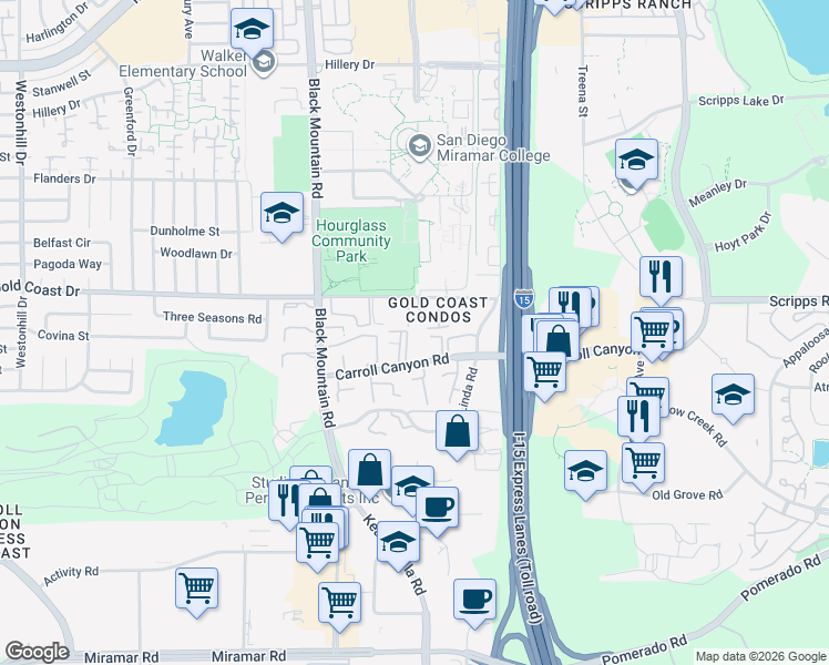 map of restaurants, bars, coffee shops, grocery stores, and more near 9589 Gold Coast Drive in San Diego