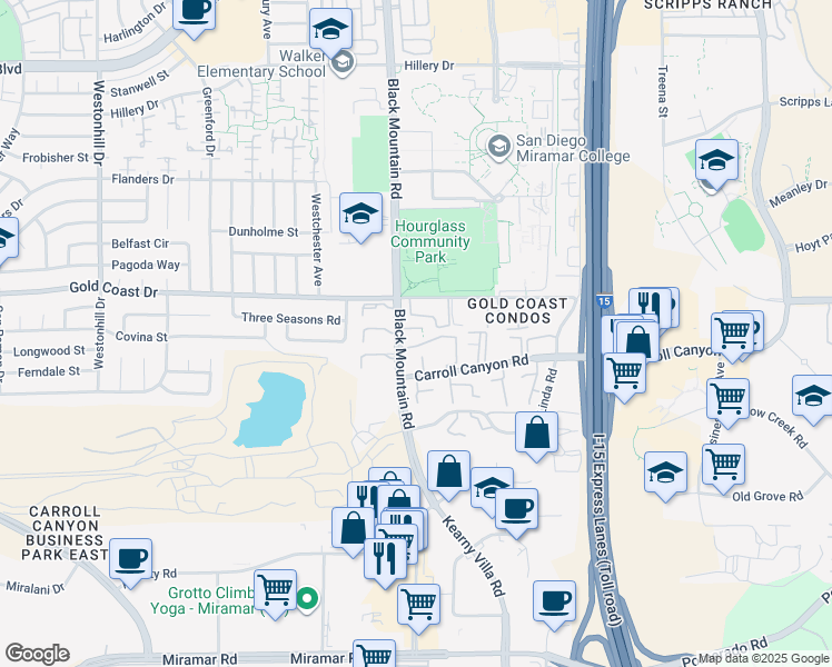 map of restaurants, bars, coffee shops, grocery stores, and more near 10273 Black Mountain Road in San Diego