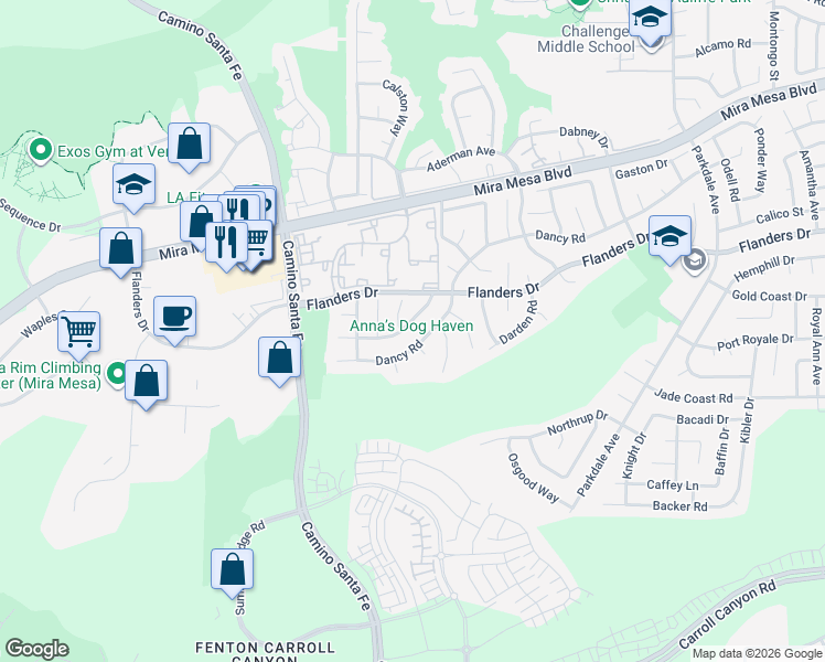 map of restaurants, bars, coffee shops, grocery stores, and more near 7391 Kamwood Street in San Diego