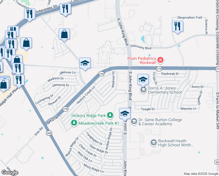 map of restaurants, bars, coffee shops, grocery stores, and more near 1705 Wildrose Drive in Rockwall