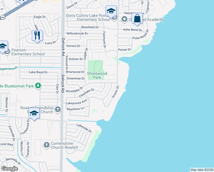 map of restaurants, bars, coffee shops, grocery stores, and more near 4618 Clearlake Drive in Rowlett