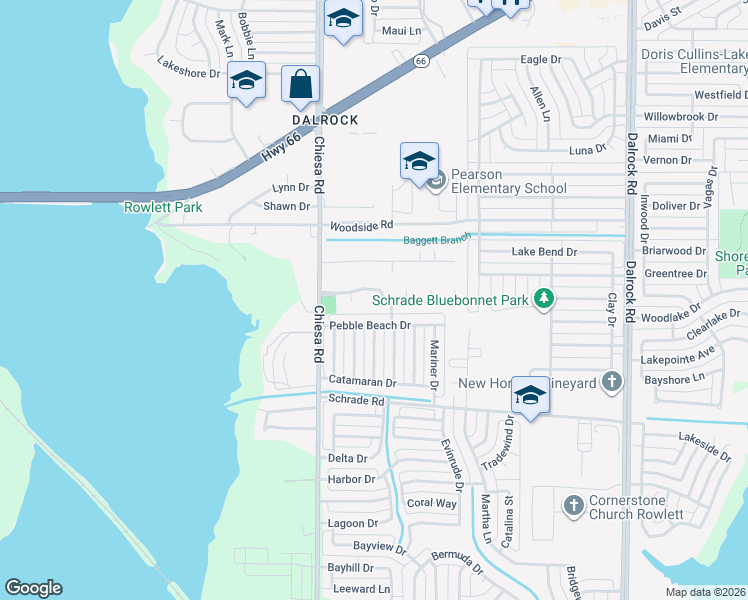 map of restaurants, bars, coffee shops, grocery stores, and more near 7602 Lindsey Court in Rowlett