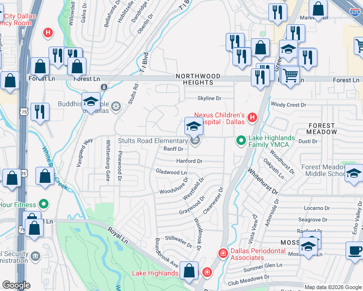 map of restaurants, bars, coffee shops, grocery stores, and more near 8633 Banff Drive in Dallas