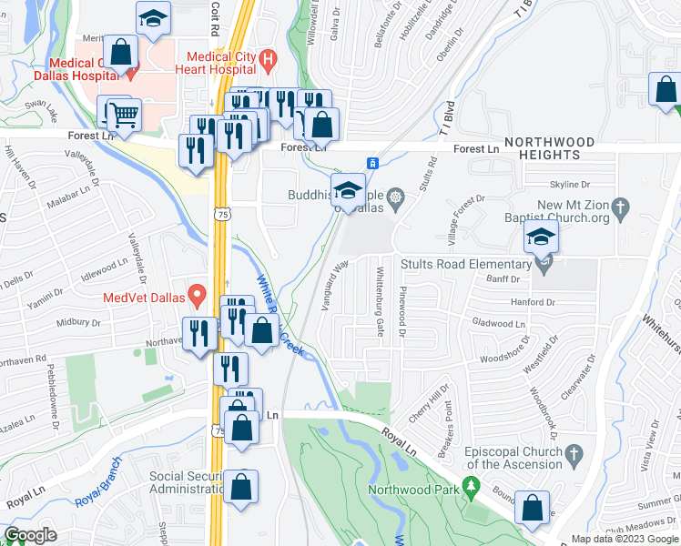 map of restaurants, bars, coffee shops, grocery stores, and more near 10 Vanguard Way in Dallas