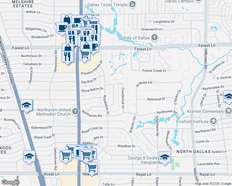 map of restaurants, bars, coffee shops, grocery stores, and more near 11443 Parkchester Drive in Dallas