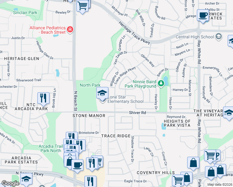 map of restaurants, bars, coffee shops, grocery stores, and more near 4801 Grinstein Drive in Fort Worth