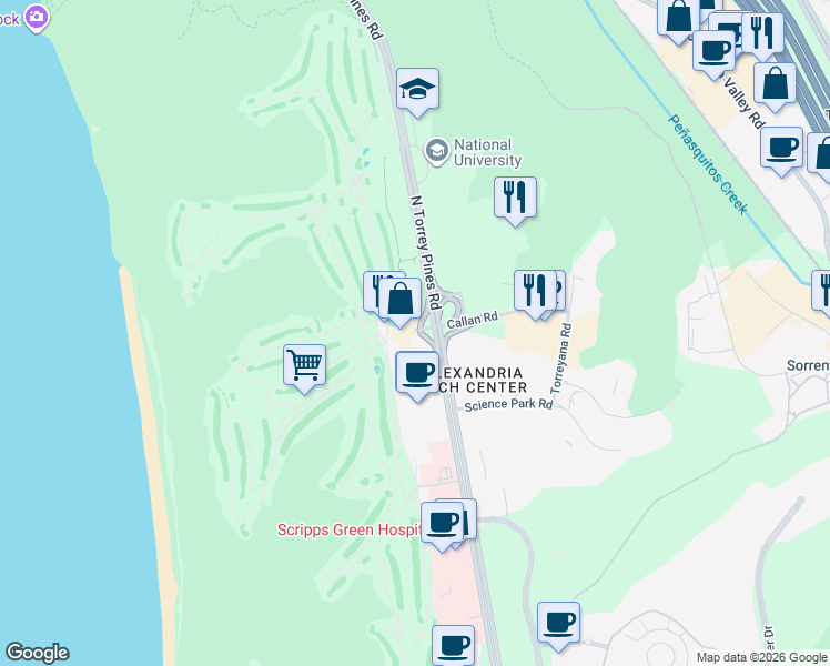 map of restaurants, bars, coffee shops, grocery stores, and more near 11275 Torrey Pines Park Road in San Diego
