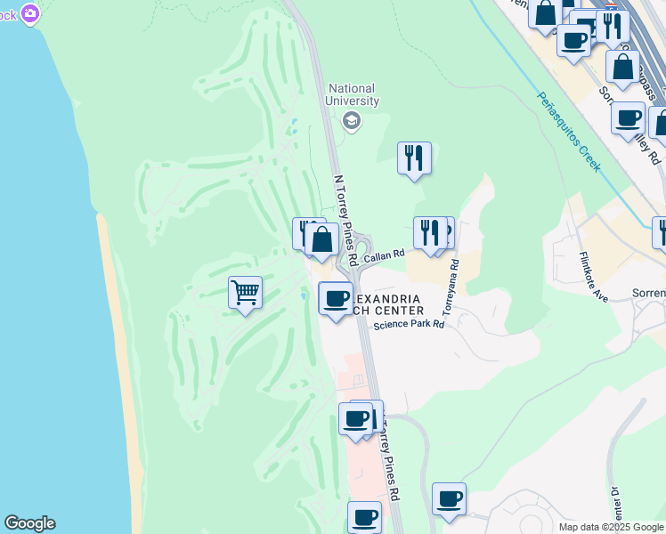 map of restaurants, bars, coffee shops, grocery stores, and more near 11275 Torrey Pines Park Road in San Diego