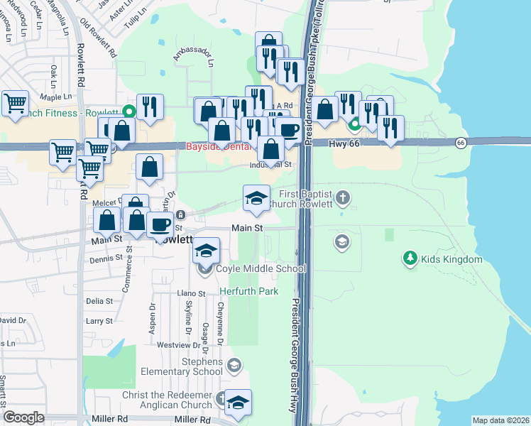map of restaurants, bars, coffee shops, grocery stores, and more near 11773 Main Street in Rowlett