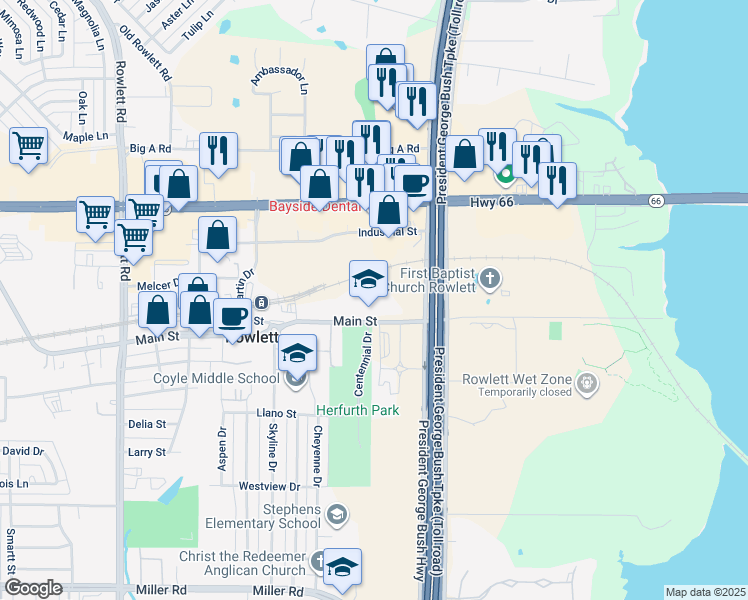 map of restaurants, bars, coffee shops, grocery stores, and more near 6365 Main Street in Rowlett
