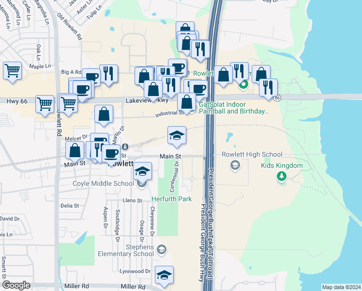 map of restaurants, bars, coffee shops, grocery stores, and more near 8965 Main Street in Rowlett