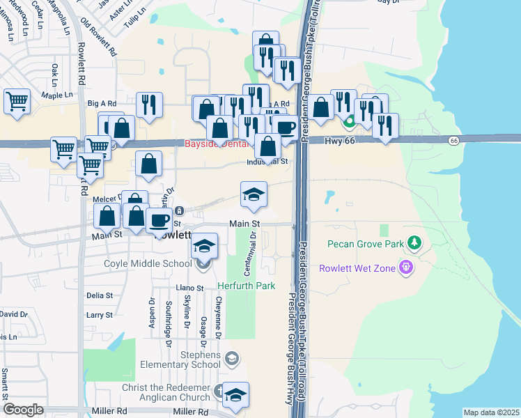 map of restaurants, bars, coffee shops, grocery stores, and more near 9513 Main Street in Rowlett