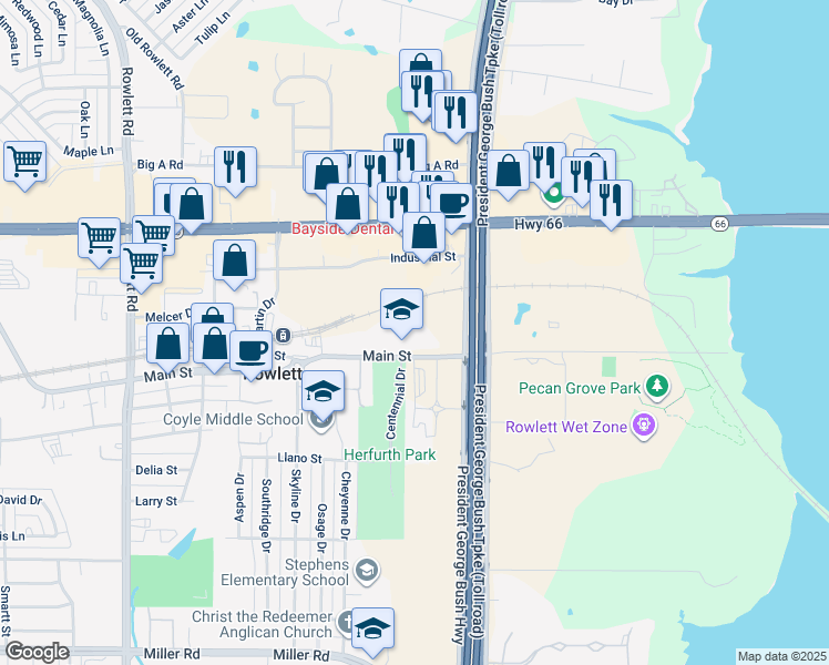 map of restaurants, bars, coffee shops, grocery stores, and more near 11307 Main Street in Rowlett