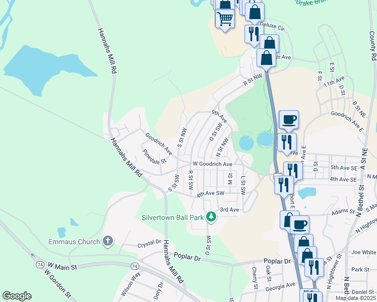 map of restaurants, bars, coffee shops, grocery stores, and more near 103 S Street Northwest in Thomaston