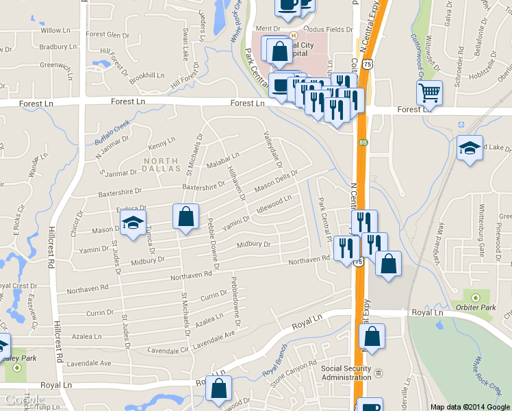 map of restaurants, bars, coffee shops, grocery stores, and more near 7715 Idlewood Lane in Dallas
