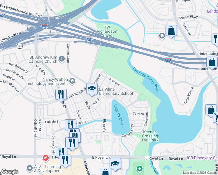map of restaurants, bars, coffee shops, grocery stores, and more near 714 Arbol in Irving