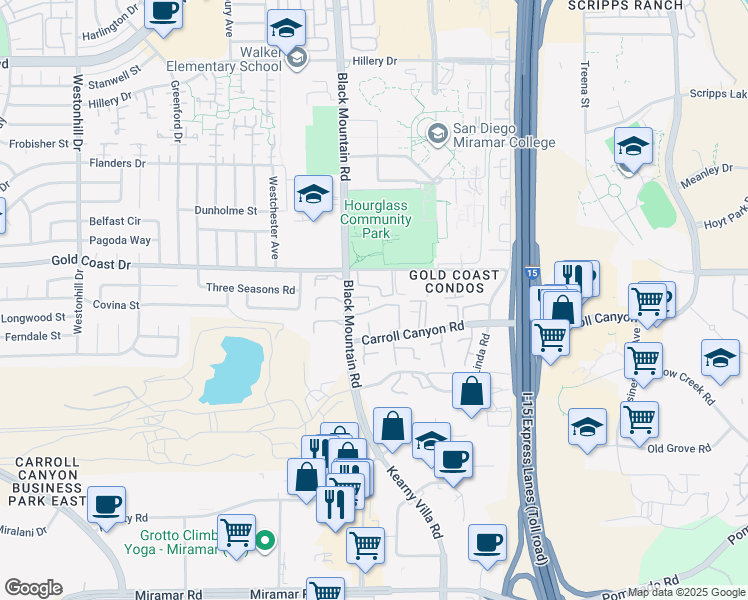 map of restaurants, bars, coffee shops, grocery stores, and more near 10273 Black Mountain Road in San Diego
