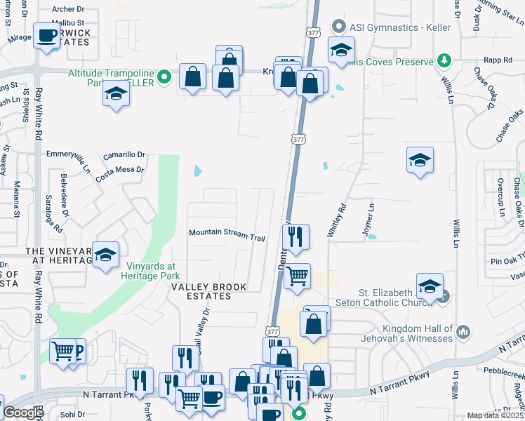 map of restaurants, bars, coffee shops, grocery stores, and more near 9045 Sun Haven Way in Fort Worth