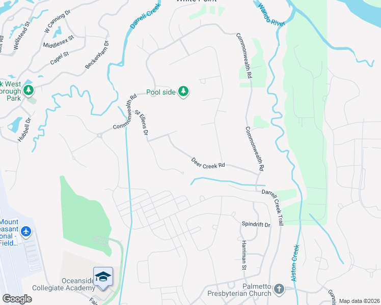 map of restaurants, bars, coffee shops, grocery stores, and more near 3598 Deer Creek Road in Mount Pleasant