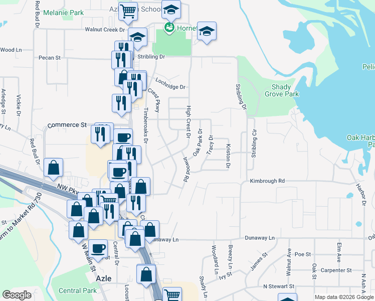 map of restaurants, bars, coffee shops, grocery stores, and more near 684 High Crest Drive in Azle