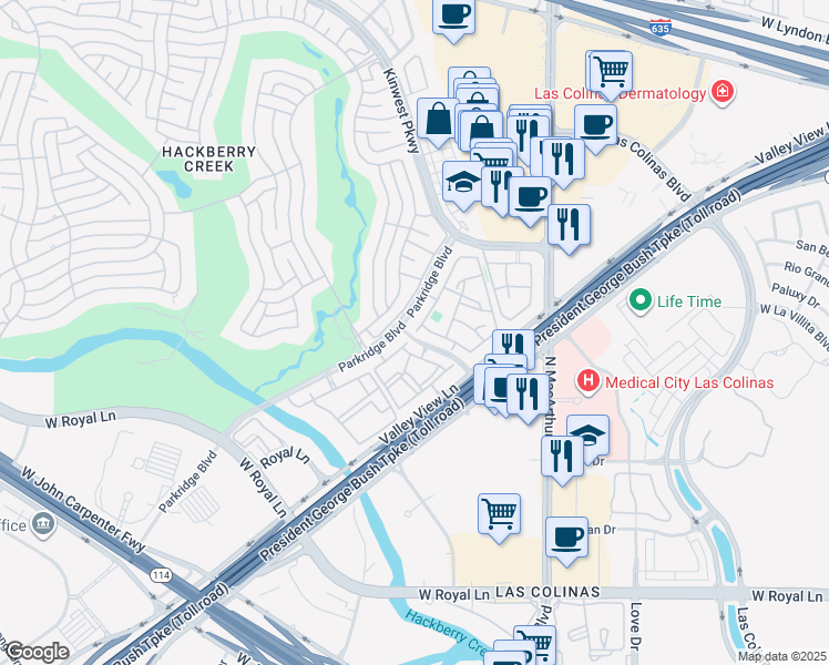 map of restaurants, bars, coffee shops, grocery stores, and more near 7384 San Jacinto Drive in Irving