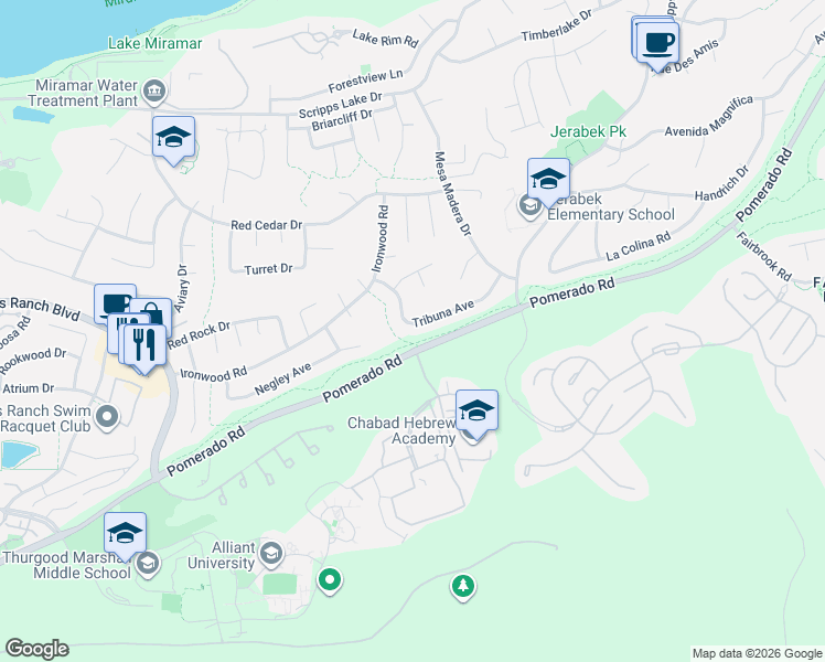 map of restaurants, bars, coffee shops, grocery stores, and more near 11363 Tribuna Avenue in San Diego