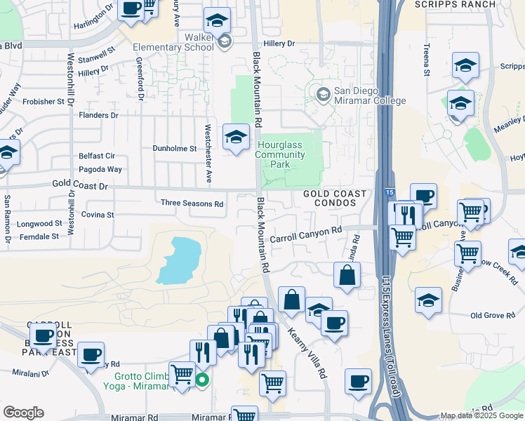 map of restaurants, bars, coffee shops, grocery stores, and more near 10232 Black Mountain Road in San Diego