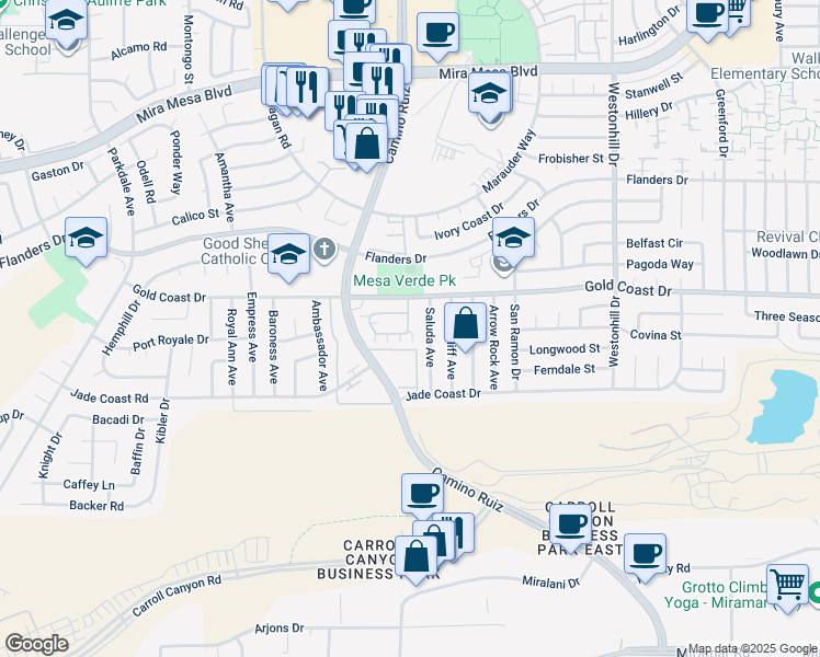 map of restaurants, bars, coffee shops, grocery stores, and more near 8357/1 Gold Coast Drive in San Diego