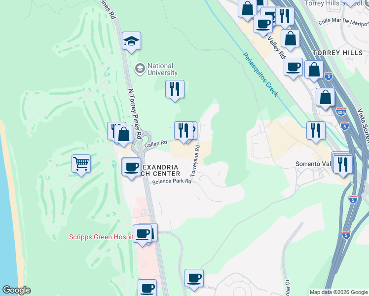 map of restaurants, bars, coffee shops, grocery stores, and more near 2999 Callan Road in San Diego