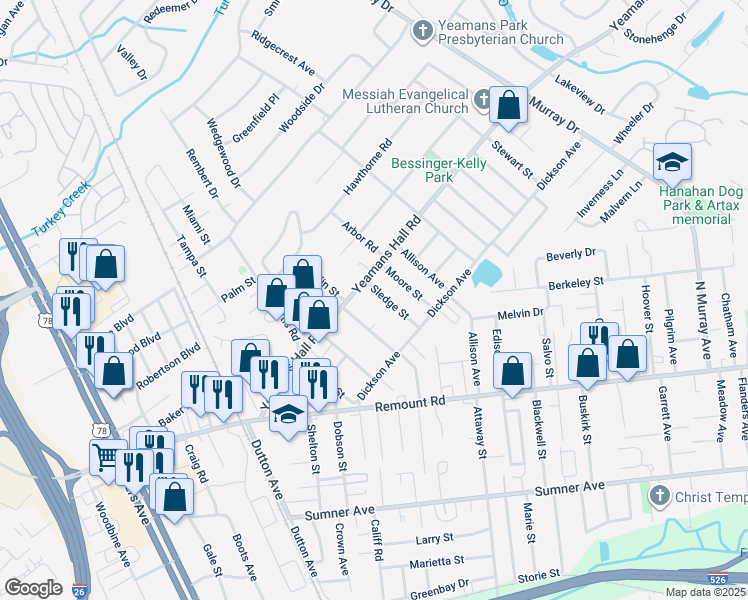 map of restaurants, bars, coffee shops, grocery stores, and more near 5813 Sledge Street in Hanahan