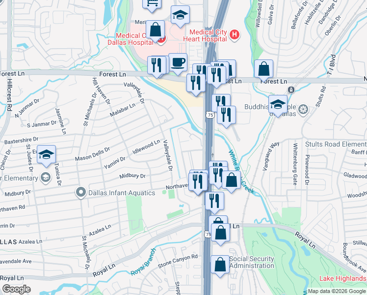 map of restaurants, bars, coffee shops, grocery stores, and more near 11334 Park Central Place in Dallas