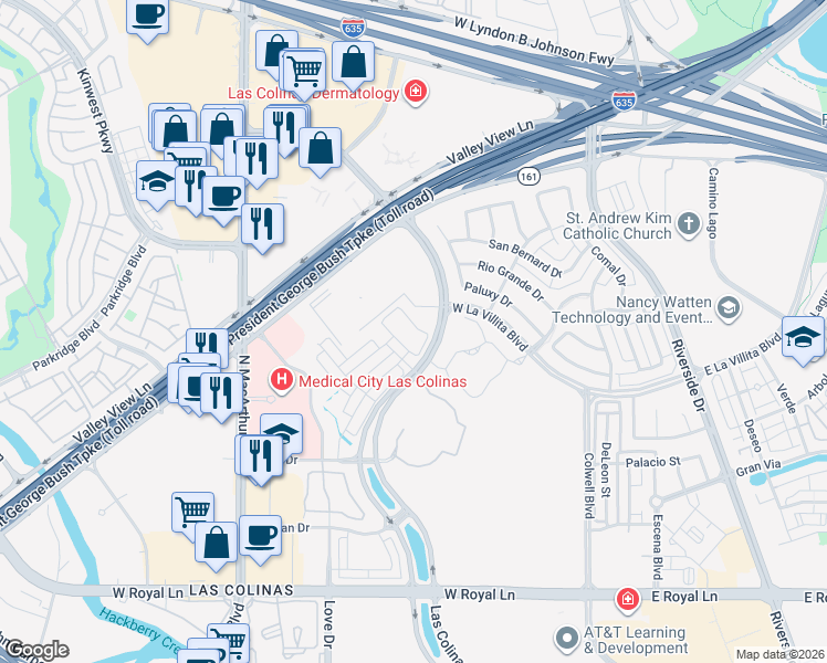 map of restaurants, bars, coffee shops, grocery stores, and more near 14 Cobblestone Lane in Irving
