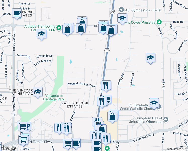 map of restaurants, bars, coffee shops, grocery stores, and more near 9045 Sun Haven Way in Fort Worth