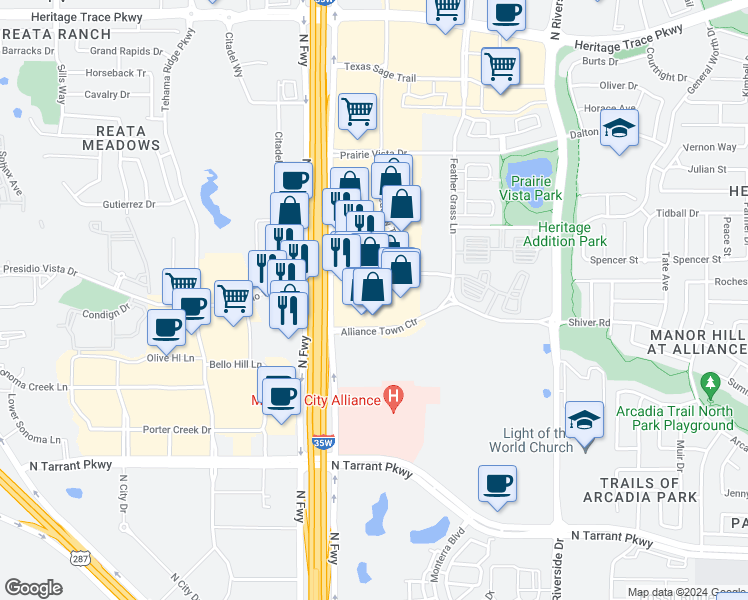 map of restaurants, bars, coffee shops, grocery stores, and more near 9100 North Fwy in Fort Worth