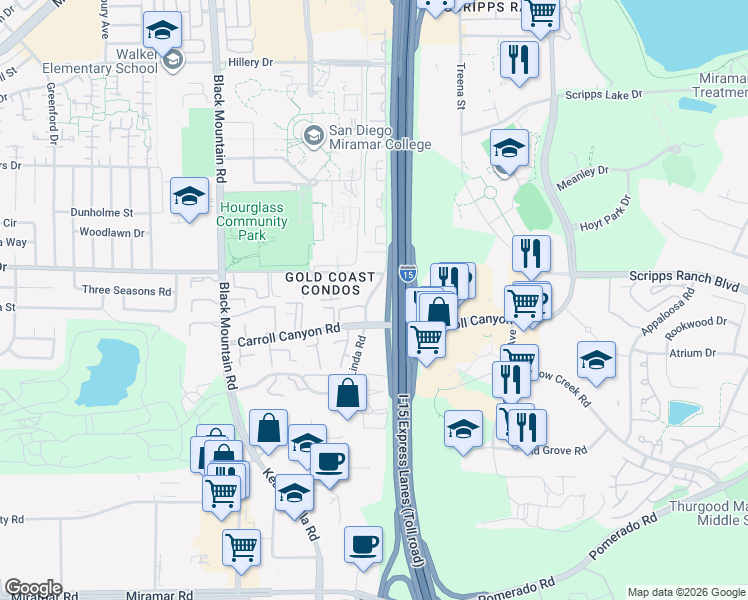 map of restaurants, bars, coffee shops, grocery stores, and more near 10248 Maya Linda Road in San Diego