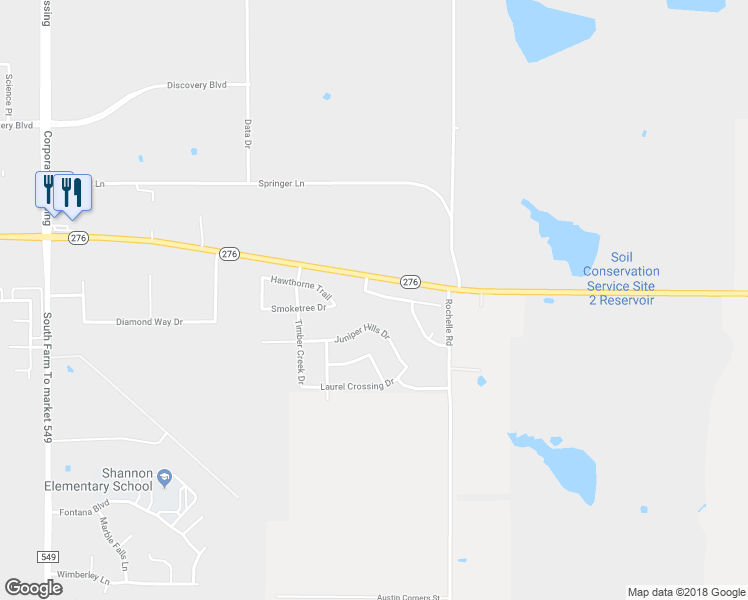 map of restaurants, bars, coffee shops, grocery stores, and more near 3839 Pinebluff Lane in Rockwall