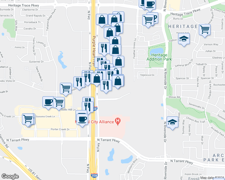 map of restaurants, bars, coffee shops, grocery stores, and more near 9100 North Fwy in Fort Worth