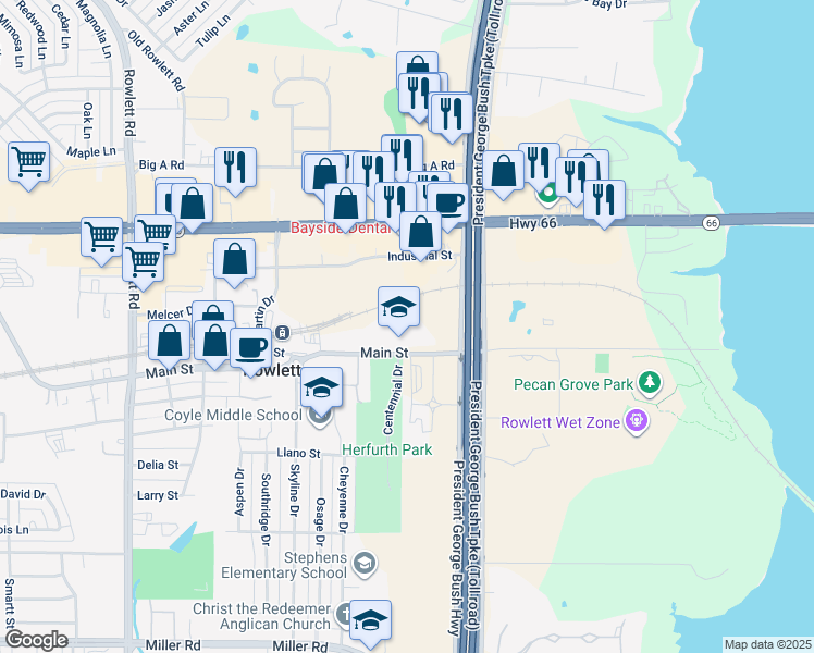 map of restaurants, bars, coffee shops, grocery stores, and more near 7647 Main Street in Rowlett