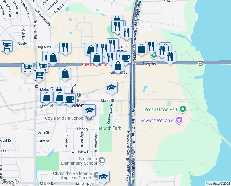 map of restaurants, bars, coffee shops, grocery stores, and more near 11349 Main Street in Rowlett