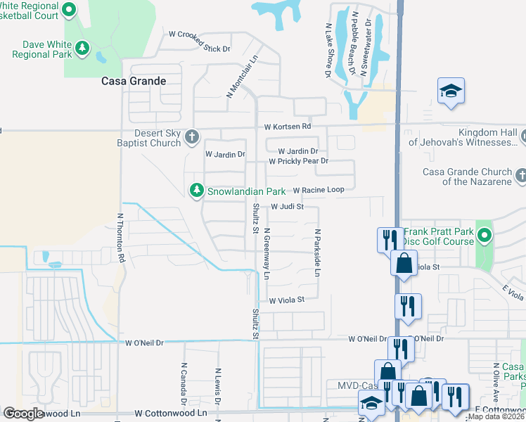 map of restaurants, bars, coffee shops, grocery stores, and more near 670 West Silver Reef Court in Casa Grande