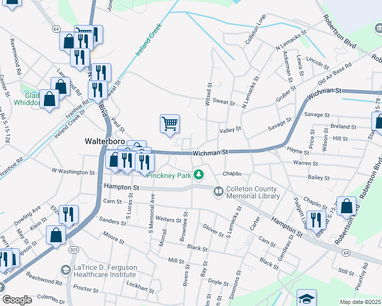 map of restaurants, bars, coffee shops, grocery stores, and more near 801 Wichman Street in Walterboro