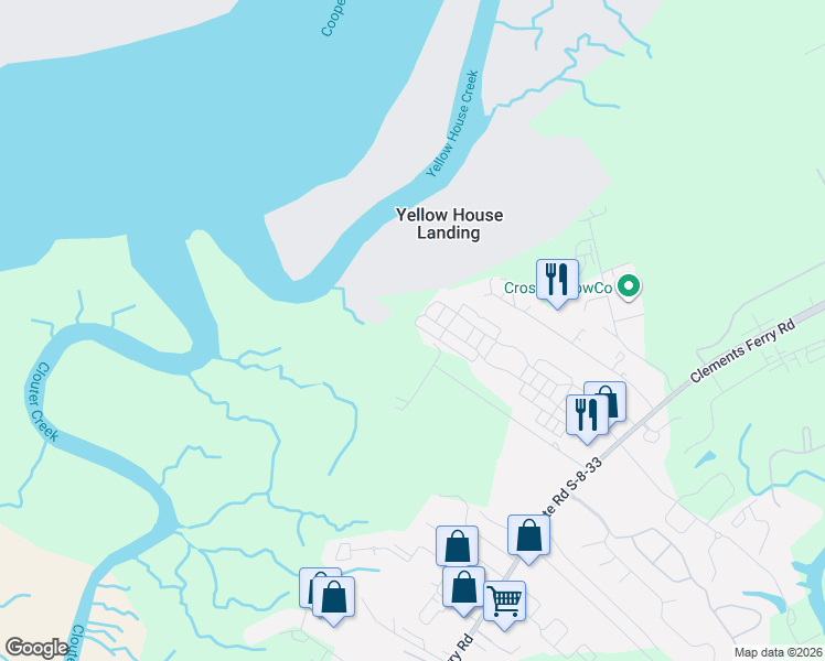 map of restaurants, bars, coffee shops, grocery stores, and more near 108 Blue Crab Lane in Charleston