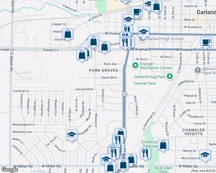 map of restaurants, bars, coffee shops, grocery stores, and more near 1446 Redbud Lane in Garland