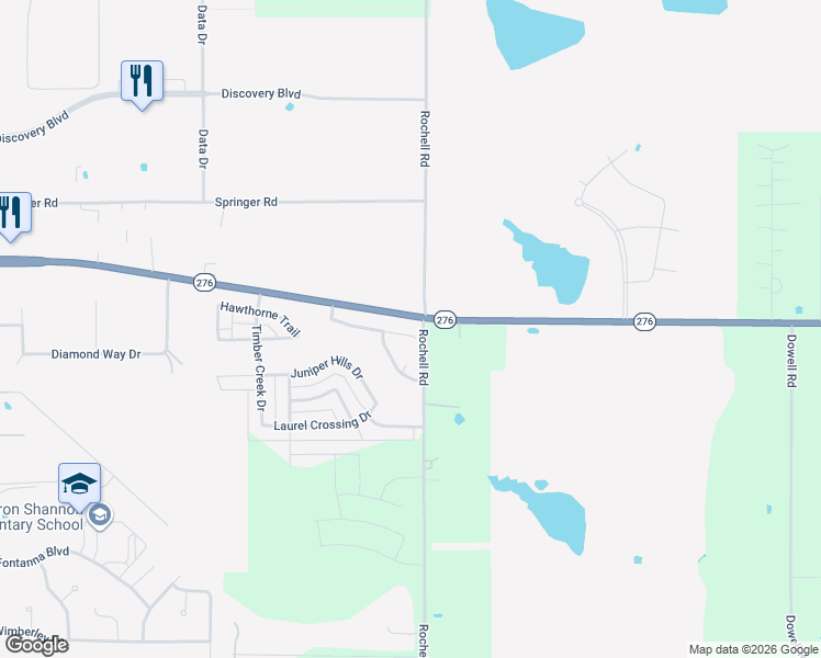 map of restaurants, bars, coffee shops, grocery stores, and more near 4022 Pinebluff Lane in Rockwall