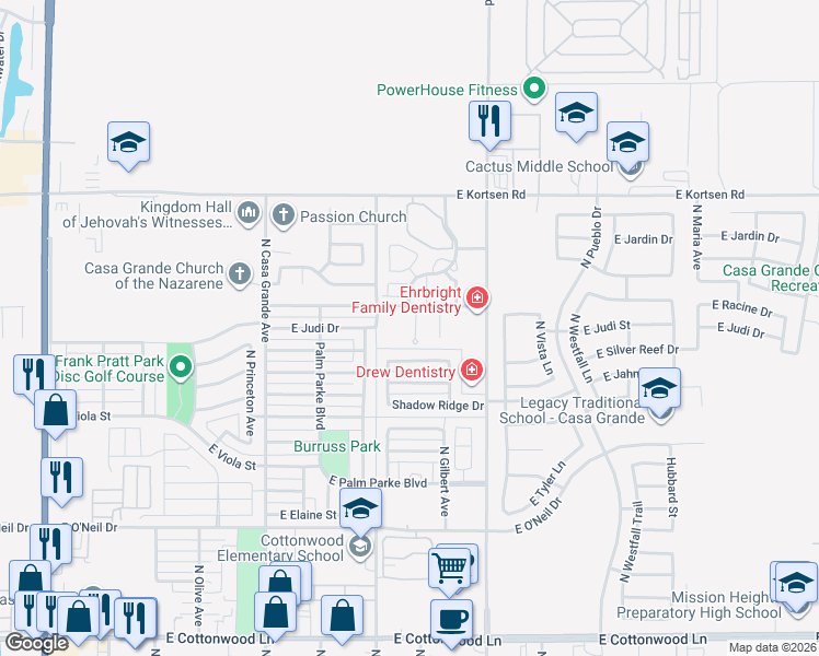map of restaurants, bars, coffee shops, grocery stores, and more near 1877 North Racine Court in Casa Grande